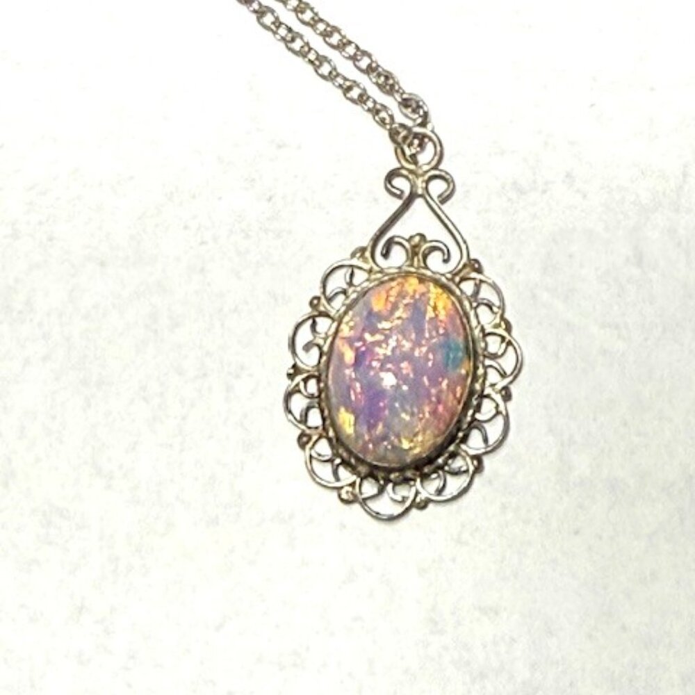 Vintage sterling silver Czech glass harlequin opal 16"  necklace and two earring - Picture 6 of 8